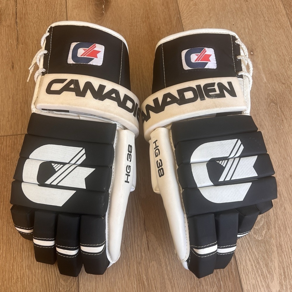 Vtg Canadien HG38 Ice Hockey Gloves 15" Senior Pair Retro Black White 80s